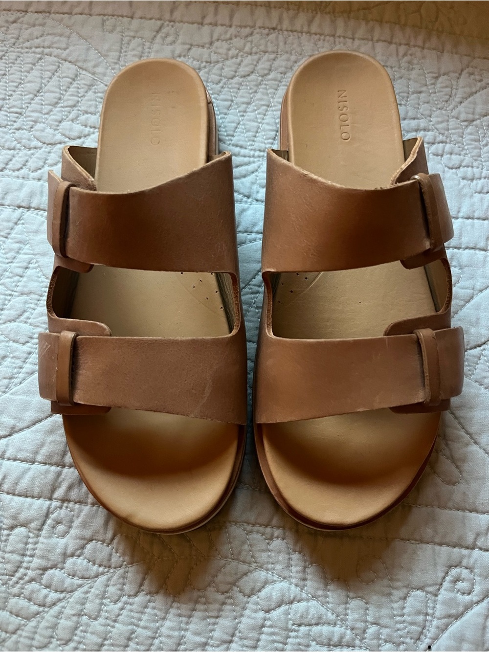 Nisolo Ella Flatform tan Leather Double-Strap Slide Sandals Sz 8.5